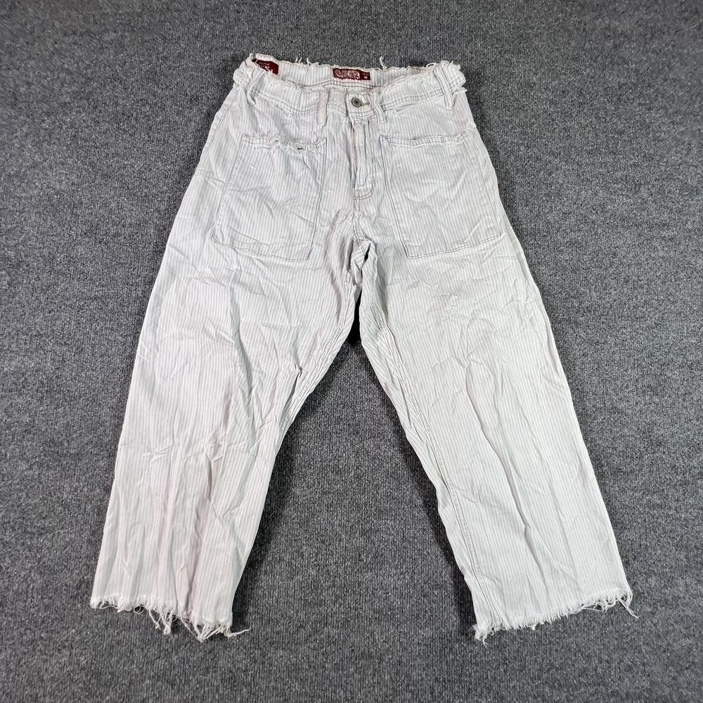 Lucky Brand Wide-Leg Jeans Women's 14 White Denim Striped High Rise Frayed-Hem